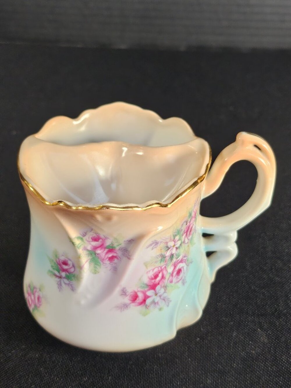Antique Brandenburg Germany Porcelain Mustache Shaving Mug Pink Roses Gold Trim